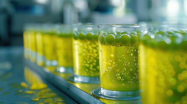 Glasses with fresh green juice on conveyor belt in beverage factory. Industrial food production, automation, bottling, technology, and manufacturing concept.