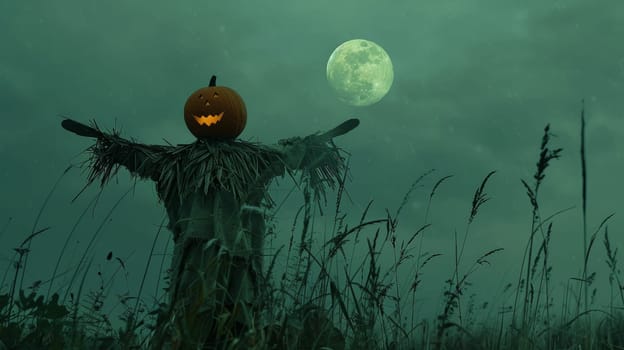 A spooky scarecrow with a glowing pumpkin head stands in a foggy field at night, silhouetted against the eerie green moonlight. Perfect for Halloween projects!
