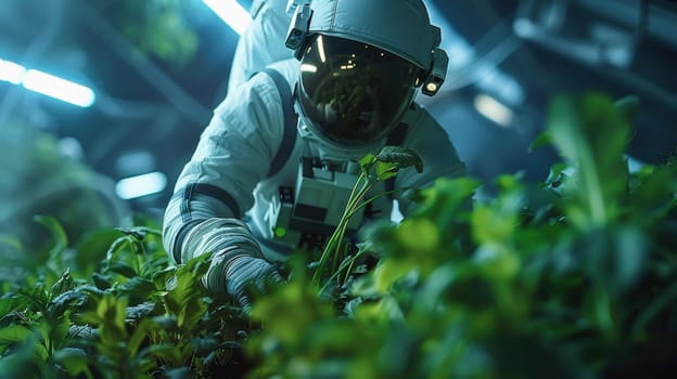 Astronaut in a futuristic greenhouse on a space station, carefully tending to lush green plants. Space farming, agriculture, and food production for future colonies.