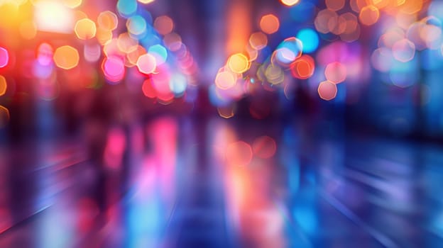 Abstract blurred background of city lights at night, creating a vibrant and colorful bokeh effect. Perfect for urban and nightlife themes.