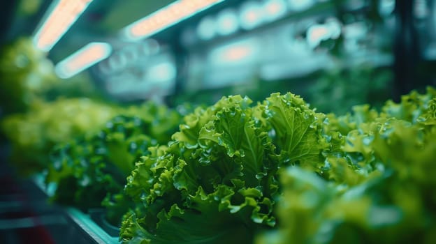 Hydroponic lettuce farm. Growing vegetables in a greenhouse using innovative plant cultivation techniques. Concept of sustainable agriculture, healthy food, self sufficiency, and organic farming.