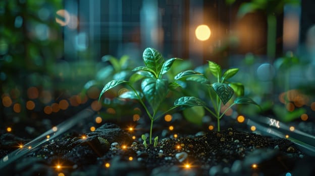 Glowing plants growing in a futuristic laboratory. Concept for innovation, technology, agriculture, genetic engineering, sustainability, and the future of food.