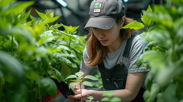 Young woman working in a greenhouse, examining plants and taking care of them.  Concept of agriculture, sustainable living, and organic farming.