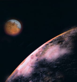 Two planets in space with a dark, mysterious sky creating a cosmic atmosphere