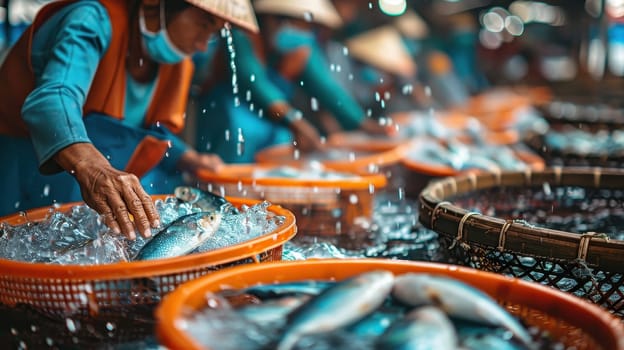 Hands preparing fresh seafood at bustling fish market, water splashing on metal counters. Concept of seafood industry, fishmongers, local cuisine