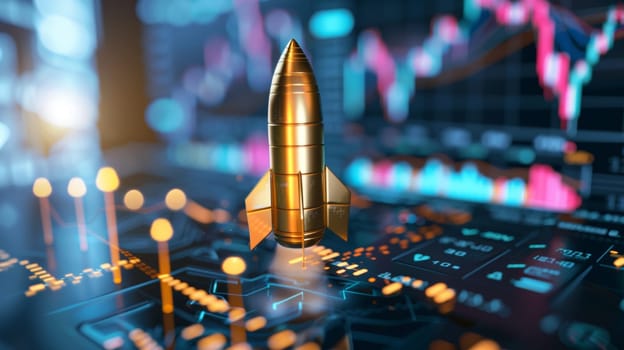 Golden bullet on circuit board with stock market data, symbolizing risk, volatility and trading in financial markets