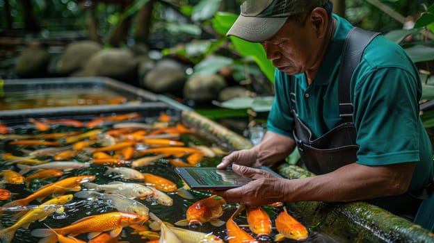 Fisherman holding a tablet computer and goldfish in the pond