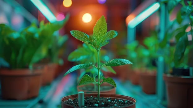 Seedling growing under LED grow lights, indoor gardening or urban farming concept with colorful bokeh background