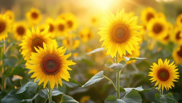 Vibrant sunflower field at golden hour, sunlight illuminating blooming yellow sunflowers with brown centers and green leaves. Summer nature landscape of beautiful sunflower plantation or garden