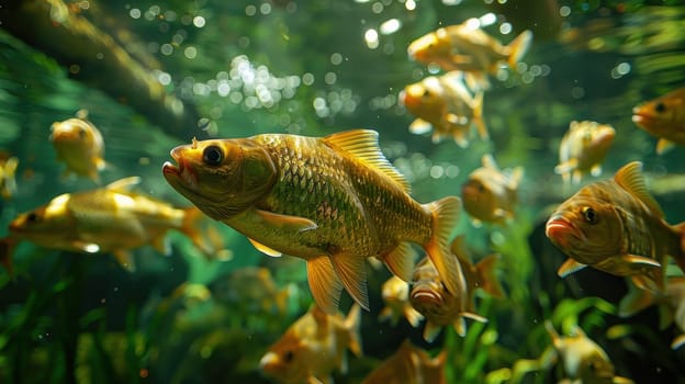 Goldfish swimming underwater in aquarium with plants and bubbles, vibrant aquatic scene