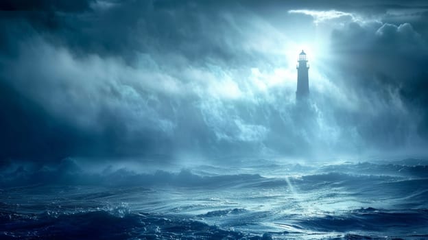 Lighthouse beacon piercing through ominous stormy sea fog, guiding ships in turbulent ocean waves under dramatic cloudy sky. Concept of safety, guidance, hope and perseverance