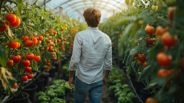 Person exploring lush tomato greenhouse, surrounded by vibrant red tomato plants in full bloom. Concept of sustainable agriculture, organic farming and local food production