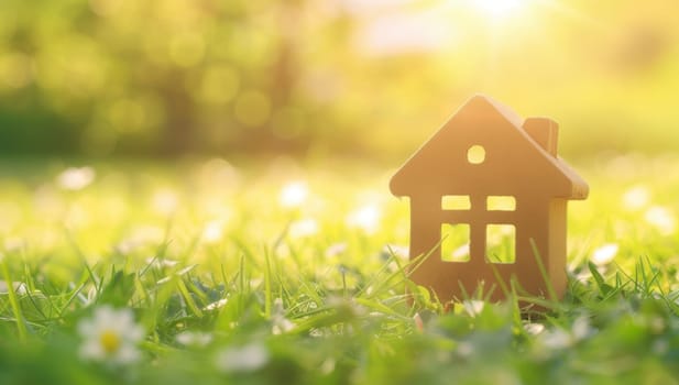 Wooden house model in blooming flower meadow, spring nature concept of eco home, real estate dream, sustainable living