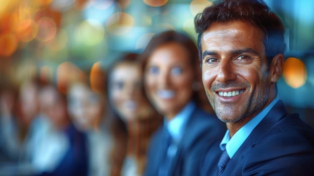 Group of smiling business professionals in formal attire, diverse team in office setting with man in focus, conveying teamwork, success and positivity