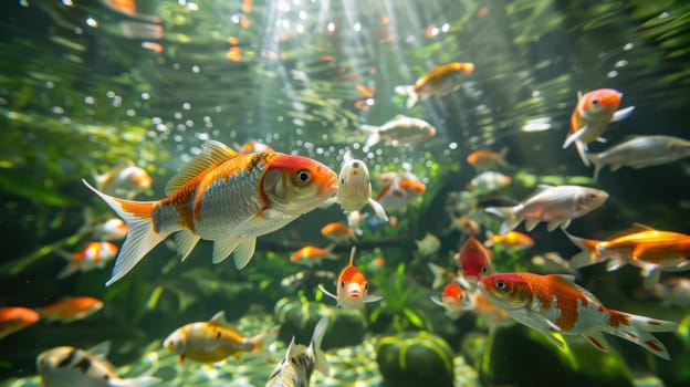 Vibrant aquarium scene with colorful goldfish swimming among lush greenery, creating an underwater paradise of life and tranquility