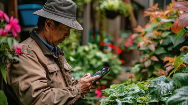 Asian senior man using mobile phone in the garden. Old people and technology concept.