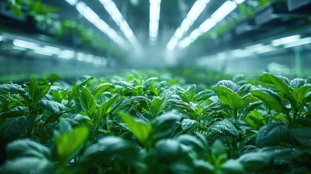 Indoor hydroponic vegetable farm with LED grow lights illuminating lush green leafy crops. Sustainable agriculture technology concept for urban farming and local food production