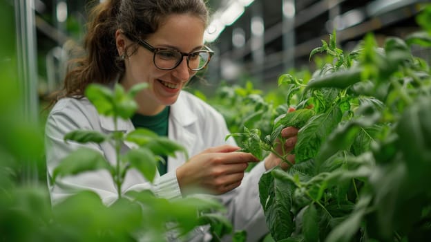 Botanist examining lush green plants in greenhouse, inspecting foliage with focused expression wearing lab coat and glasses. Concept of botanical research, agriculture, horticulture, science.