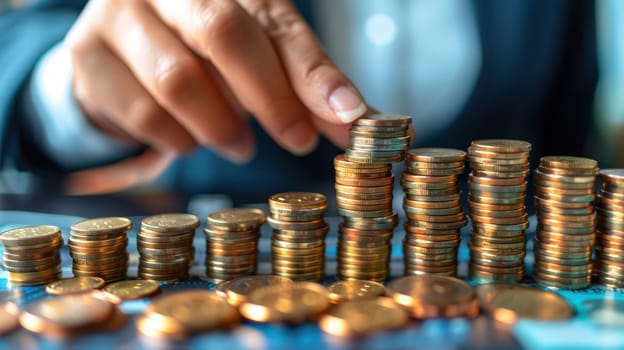 Hands stacking and arranging piles of golden coins, symbolizing financial growth, savings, and wealth accumulation