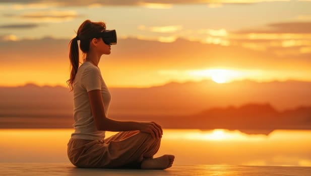 Woman meditating in virtual reality at sunset over tranquil water, exploring inner peace through technology