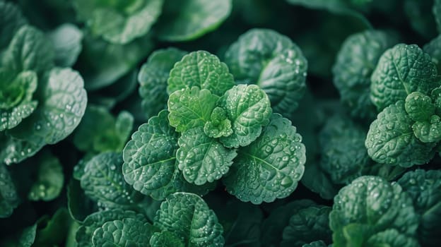 Fresh green mint leaves with water droplets, aromatic herb foliage, natural botanical background