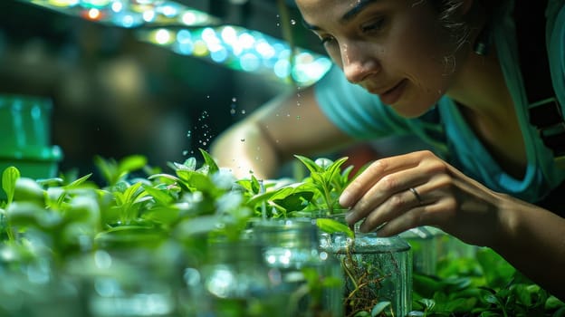 Woman tending to hydroponic garden with green leafy plants under grow lights. Concept of urban gardening, sustainable living, home cultivation