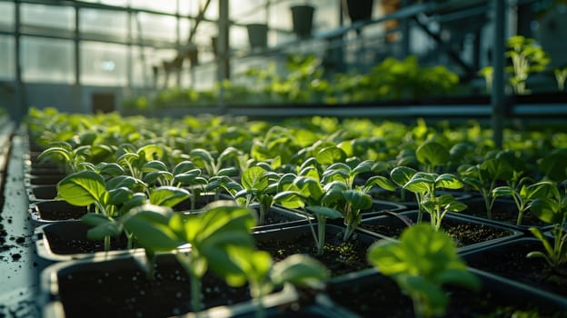 Thriving greenhouse seedlings, lush green foliage basking in sunlight, sustainable agriculture and horticulture