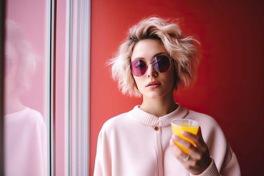 Stylish blonde woman with messy hair and sunglasses holding drink against red background, urban chic aesthetic