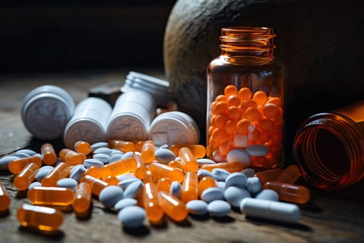 Prescription drug abuse and medication addiction concept with scattered pills and bottles on dark background, highlighting the dangers of opioid crisis and substance misuse