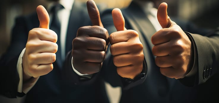 Thumbs up gesture of approval, positivity and success by business team. Concept of teamwork, unity and achievement