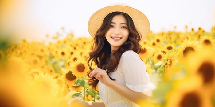 Smiling woman in sunflower field wearing sun hat, enjoying summer nature beauty and warmth. Concept of happiness, joy, freedom, and countryside lifestyle