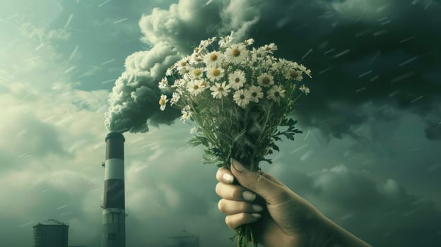 Smoke stack polluting nature, hand holding flowers representing environmental impact, climate change awareness concept