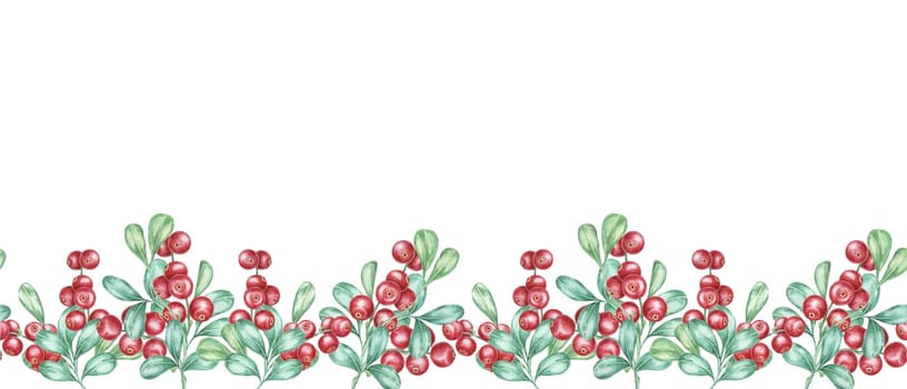 Cranberry seamless border watercolor clipart with a delicate arrangement of red lingonberries and green foliage. Suitable for autumn-themed designs, wrapping paper, or organic product branding
