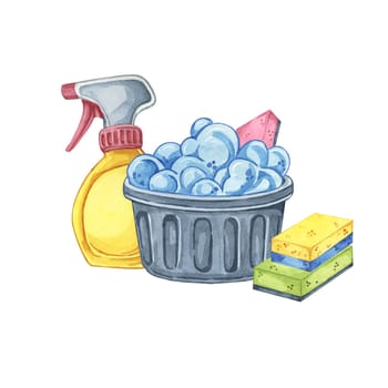 Black basket filled with foam and cleaning supplies. Watercolor cliparts of spray bottle, detergent, sponges for cleaning product labels, housekeeping service advertisements, DIY cleaning tutorials.