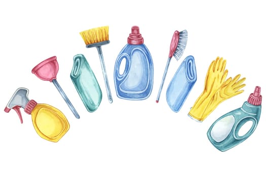 Variety of cleaning supplies including spray bottles, gloves, plunger, broom and scrub brush. Watercolor clipart for use in cleaning service brochures, product packaging, and home cleaning guides.