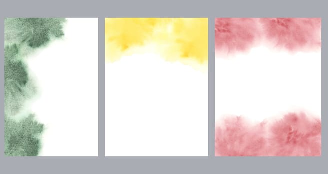 Set of watercolor postcard templates. Dreamy minimalistic abstract flow backgrounds in yellow, green dusty red, liquid cloudy spills for invitation, save the date, wedding, anniversary, sympathy card