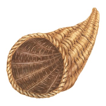 Cornucopia watercolor illustration. Empty horn of plenty clipart. Traditional wicker basket, symbol of abundance and prosperity for Thanksgiving decor, harvest festival, invitations, flyers, sticker