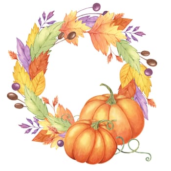 Autumn leaves and orange pumpkins watercolor wreath. Colorful Yellow, orange, red, purple foliage and squash clipart. Round frame Design element for autumnal decor, thanksgiving day, cards, gift tags,