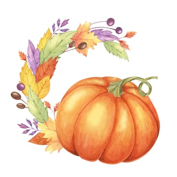 Autumn leaves and pumpkin watercolor wreath. Colorful Yellow, orange, red, purple foliage and squash clipart. Round frame Design element for autumnal decor, thanksgiving day, cards, gift tags,