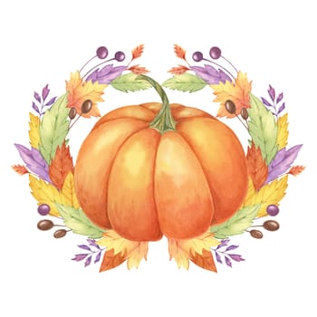 Autumn leaves and pumpkin watercolor wreath. Colorful Yellow, orange, red, purple foliage and squash clipart. Round frame Design element for autumnal decor, thanksgiving day, cards, gift tags,