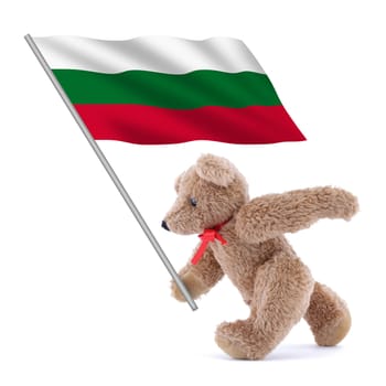 A Bulgaria flag being carried by a cute teddy bear