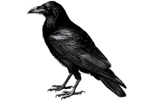 Vintage retro black and white painted illustration of a crow