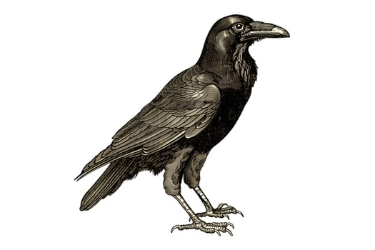 Vintage retro black and white painted illustration of a crow