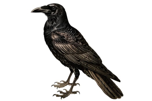 Vintage retro black and white painted illustration of a crow