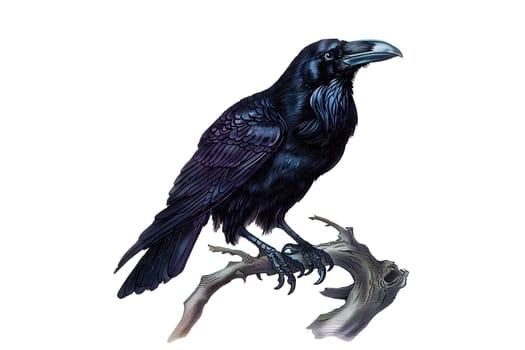 Vintage retro black and white painted illustration of a crow