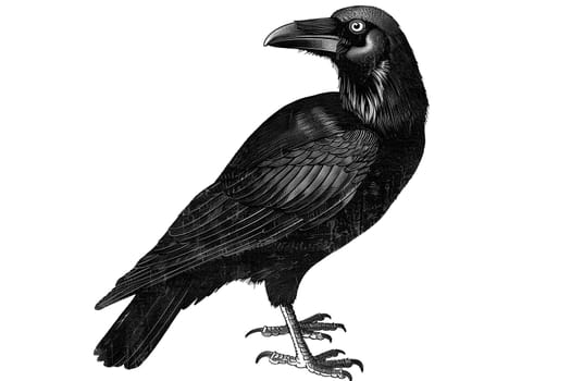 Vintage retro black and white painted illustration of a crow