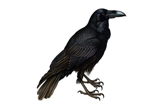 Vintage retro black and white painted illustration of a crow