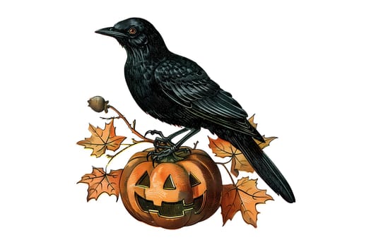 Vintage retro black and white painted illustration of a crow