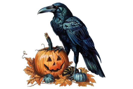 Vintage retro black and white painted illustration of a crow