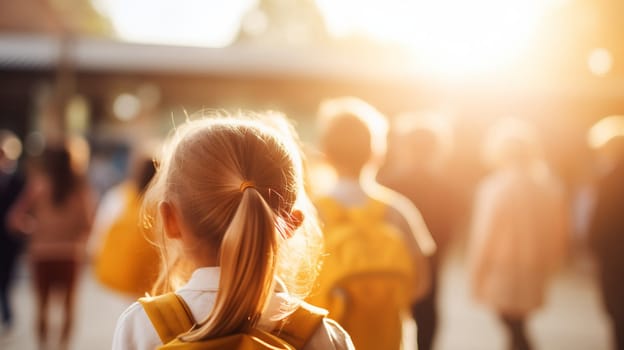 A young girl with a ponytail and yellow backpack walks ahead in a bustling street as the warm glow of the setting sun bathes the scene - Generative AI